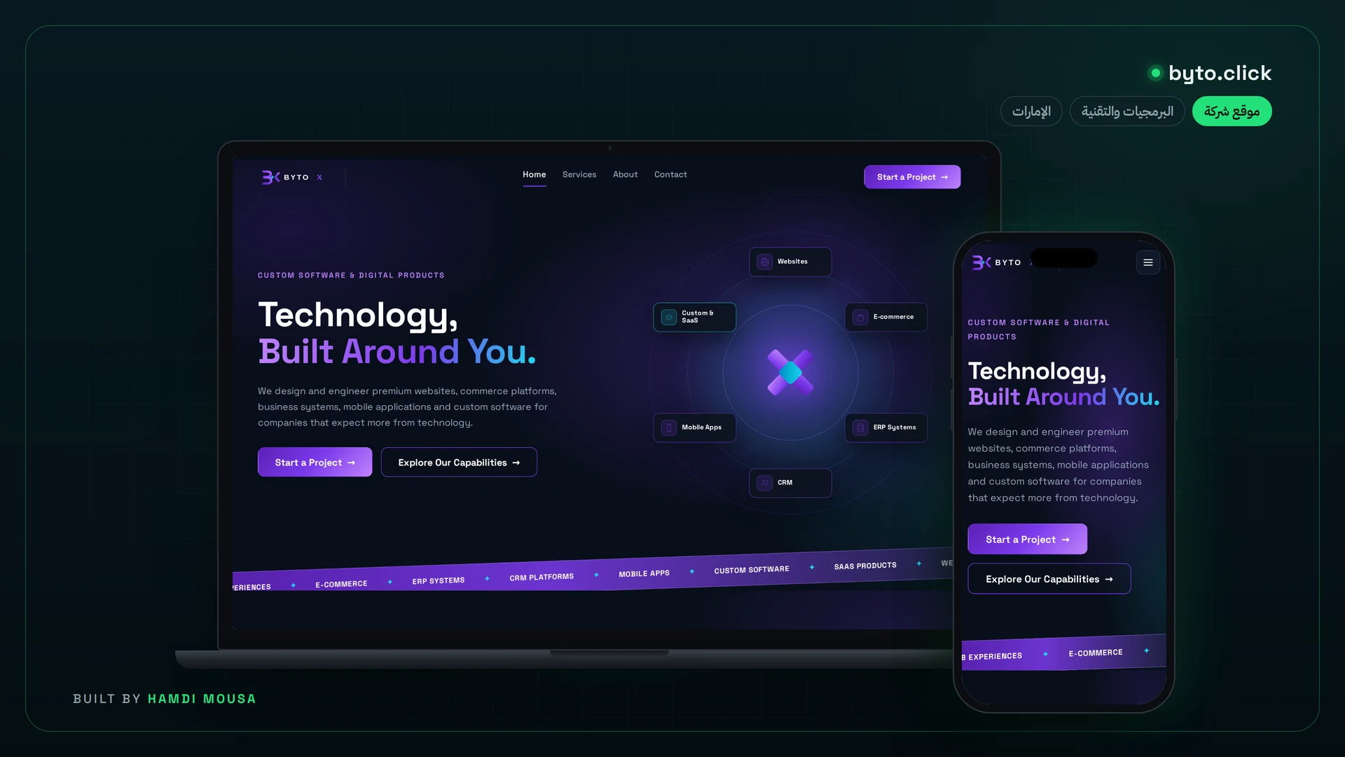 Byto X — استوديو برمجيات ومنتجات رقمية: عرض الموقع على لابتوب وموبايل
